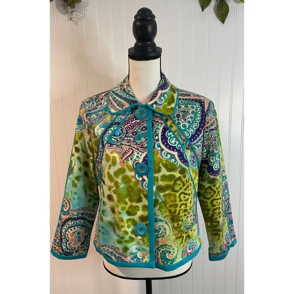 Harvé Benard Womens Paisley Print Jacket Size 8 Cotton Blend Green & Teal - Picture 2 of 13